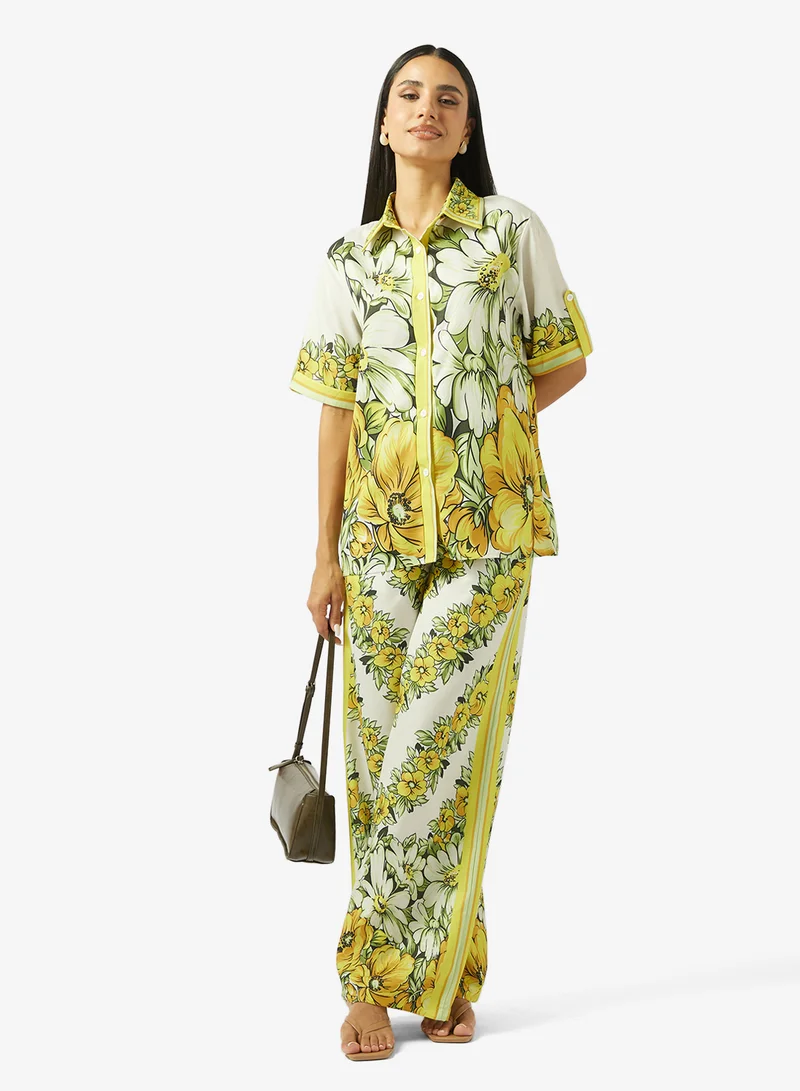 Ginger  Oversize Satin Scarf Print Shirt & Pant Coord Set for Women | Best Price UAE
